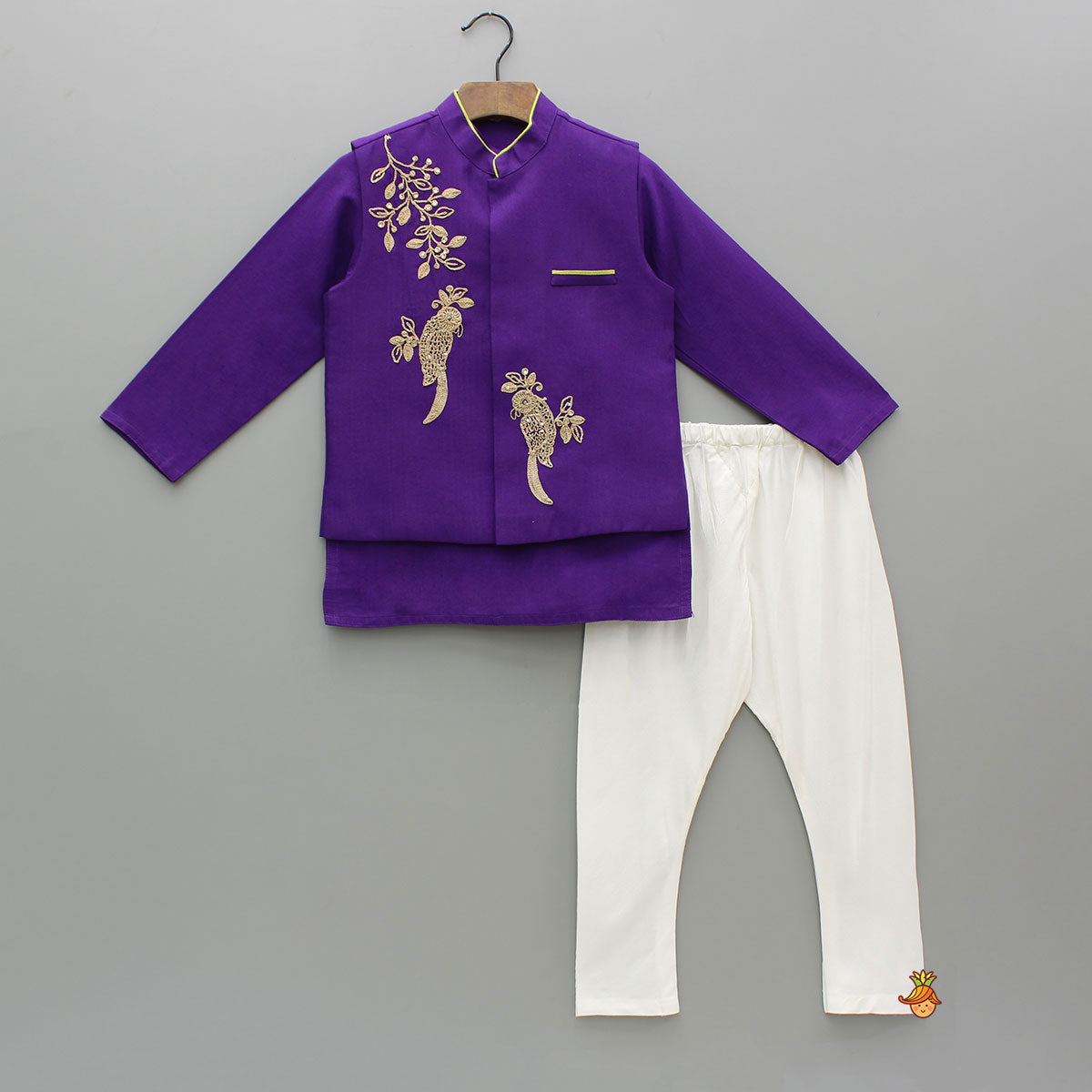 Purple Kurta With Bird Embroidered Jacket And Pyjama