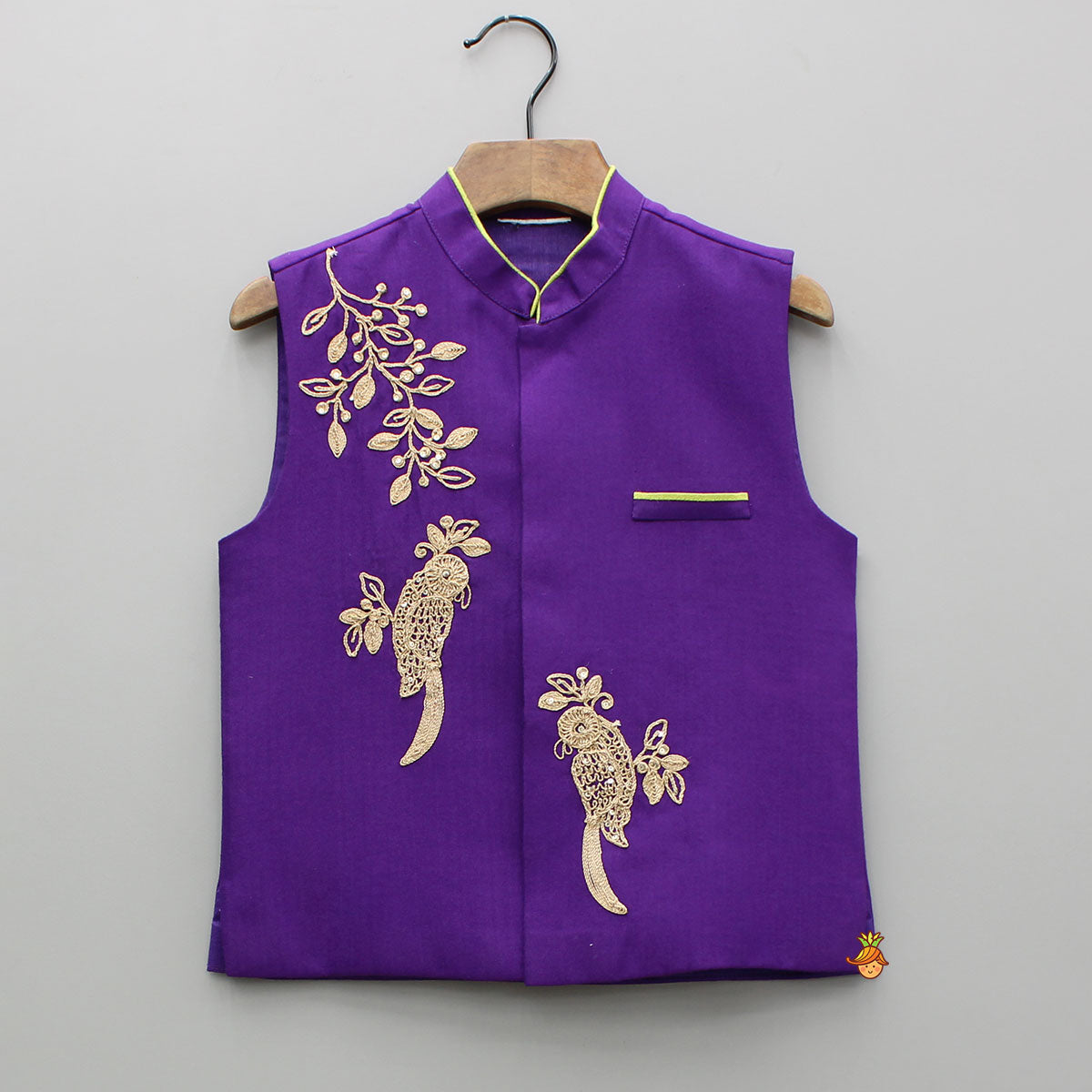 Purple Kurta With Bird Embroidered Jacket And Pyjama