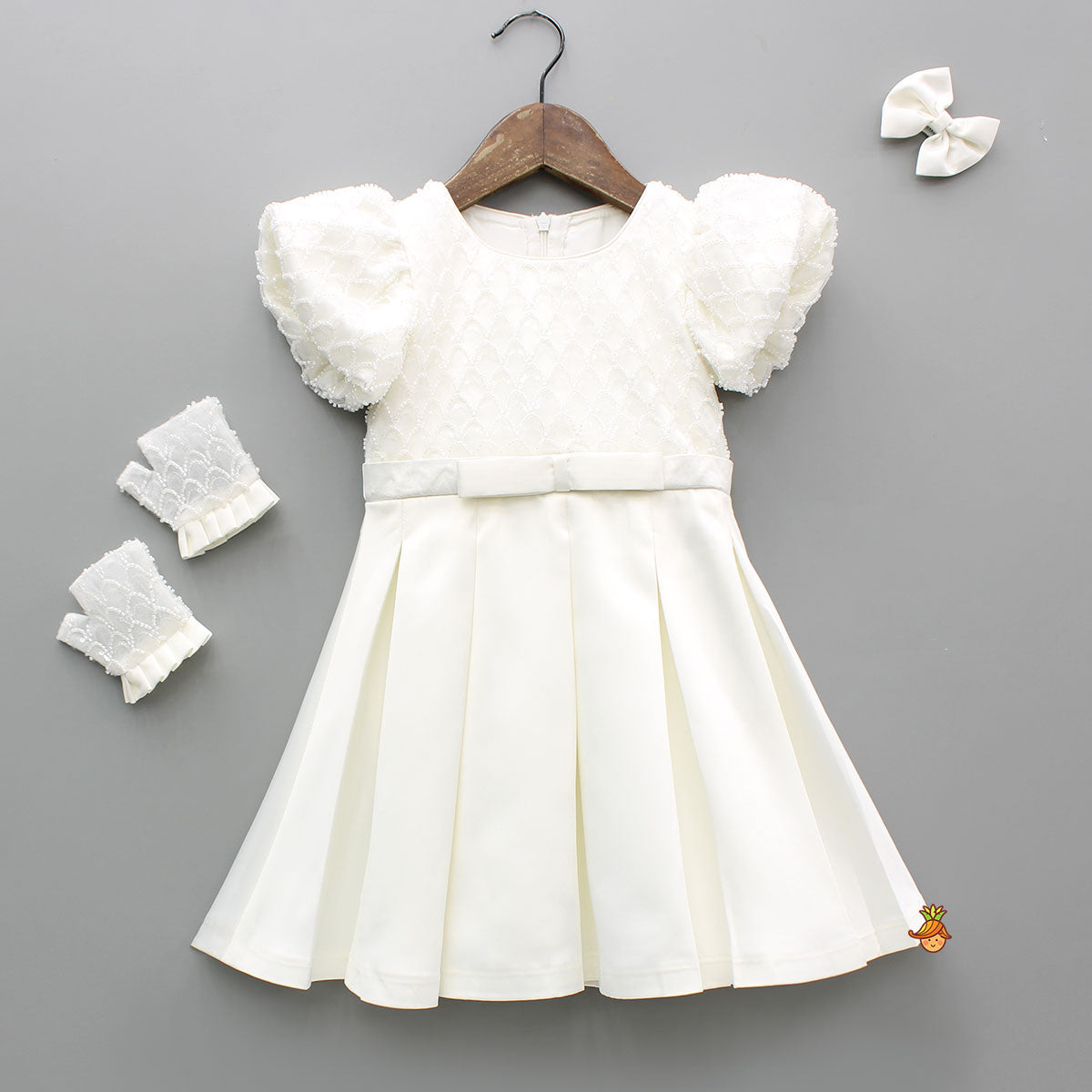 Beaded Puff Sleeve Sequin Dress With Matching Bow Hair Clip And Gloves