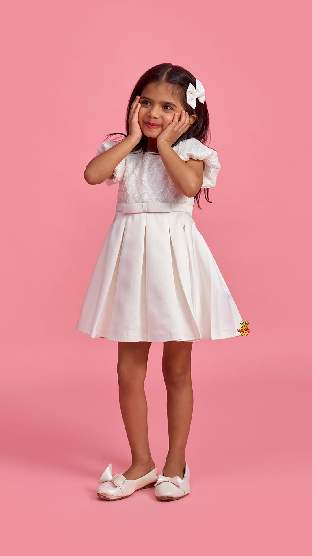 Beaded Puff Sleeve Sequin Dress With Matching Bow Hair Clip And Gloves