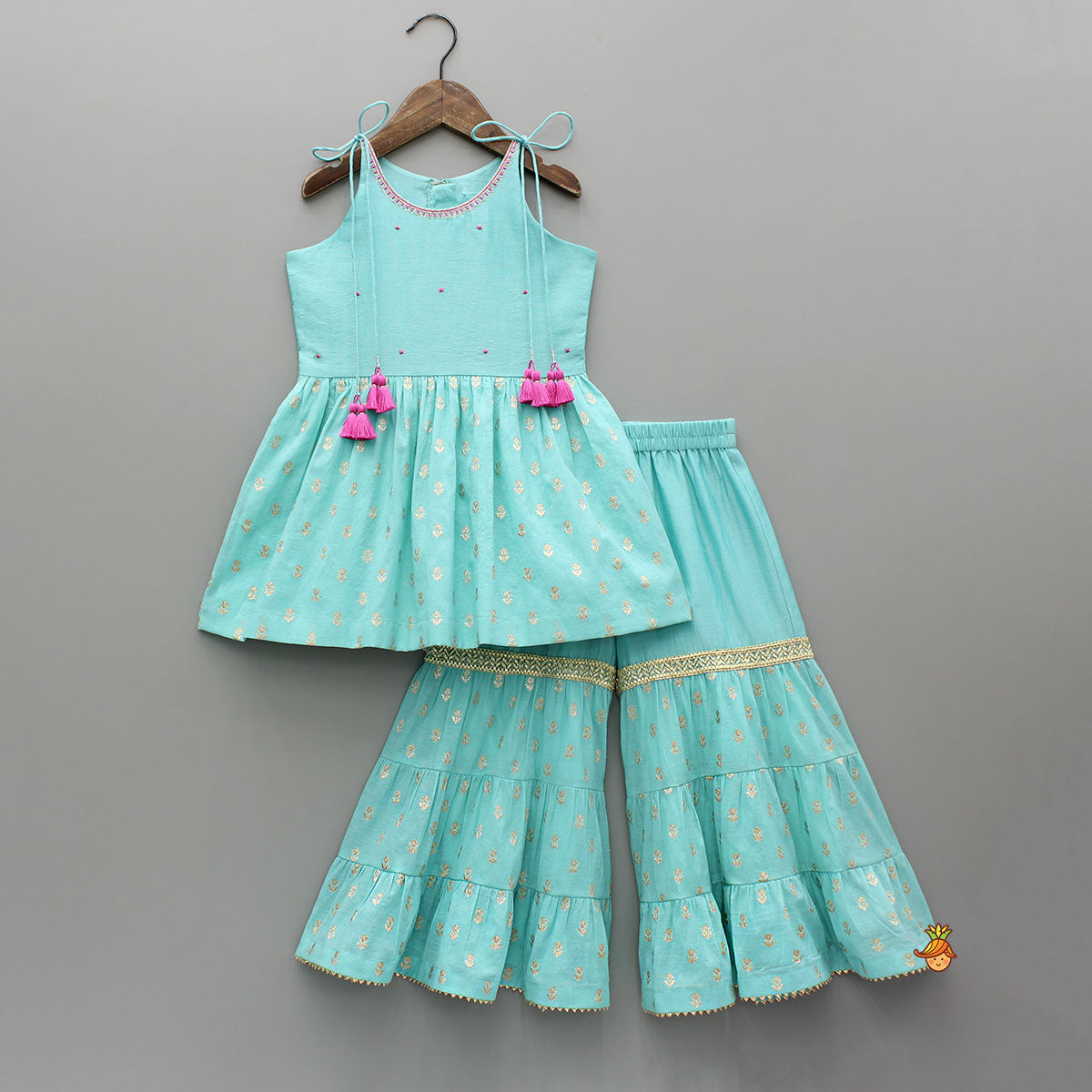 Blue Embroidered Strappy Kurti And Tiered Sharara With Dupatta