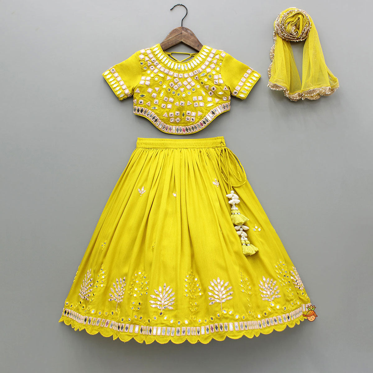 Faux Mirror Embroidered Top And Lehenga With Dupatta