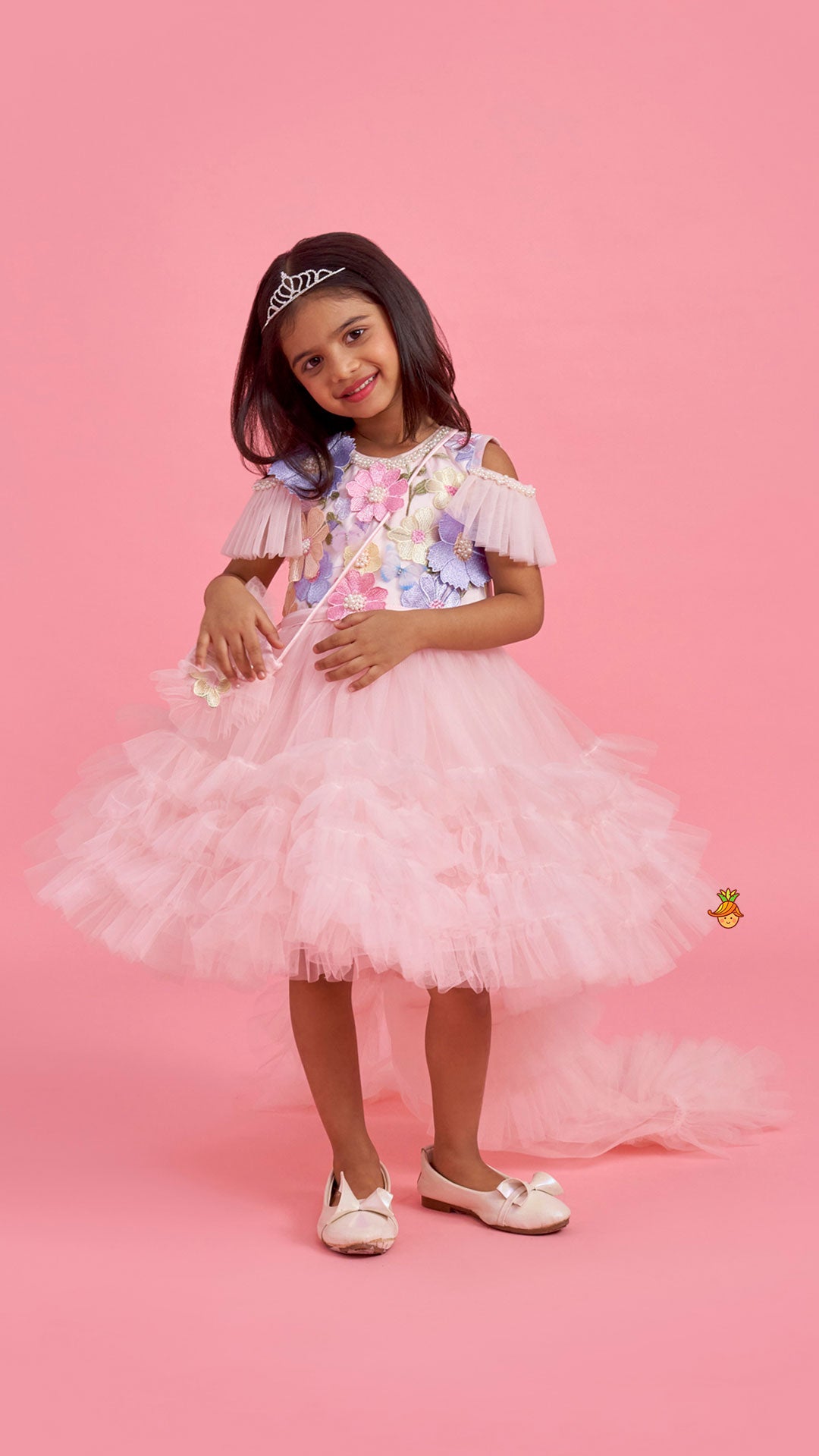 Peach Embellished Detachable Trail Dress And Bow With Sling Bag