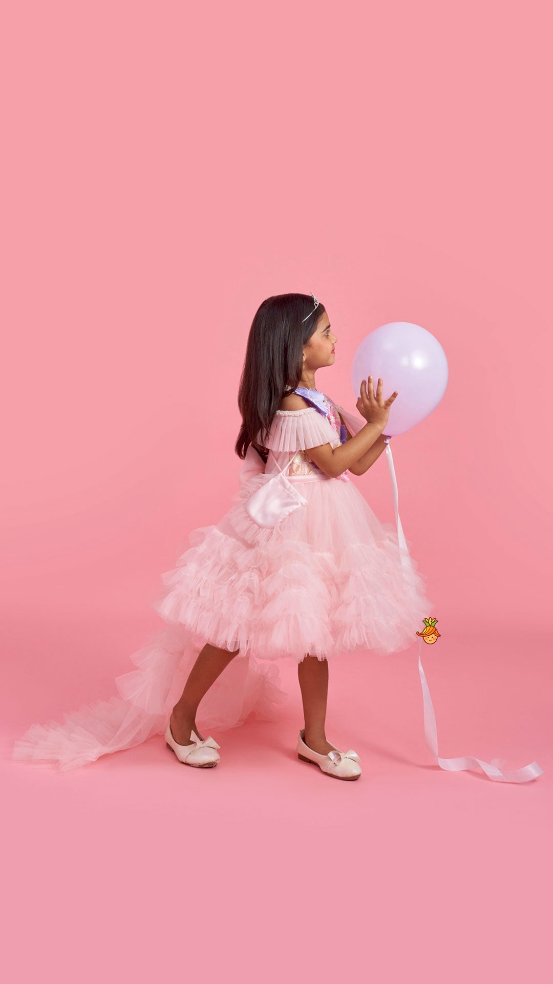 Peach Embellished Detachable Trail Dress And Bow With Sling Bag