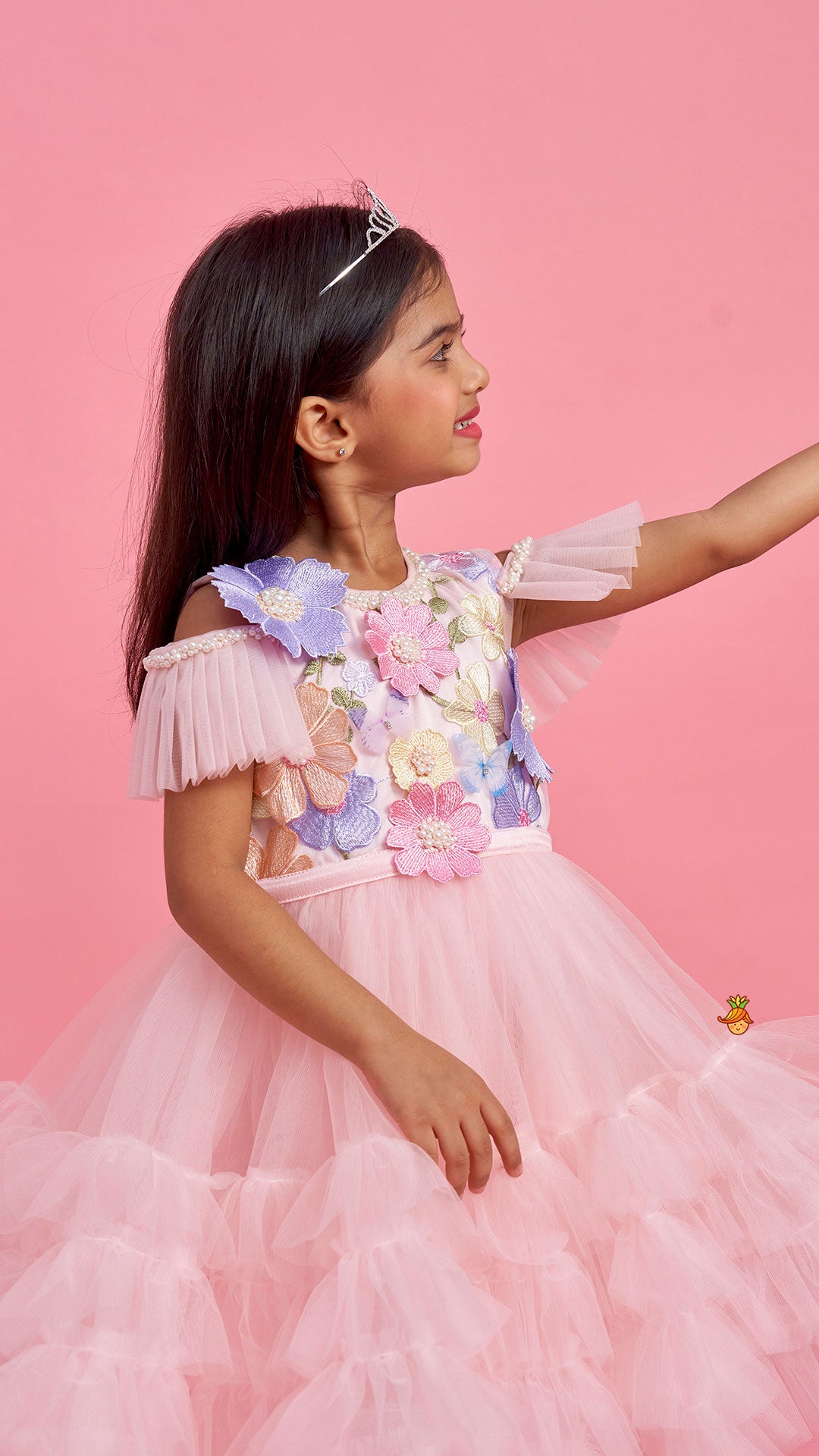 Peach Embellished Detachable Trail Dress And Bow With Sling Bag
