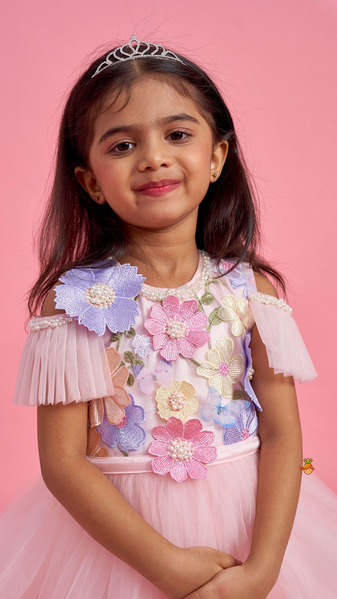 Peach Embellished Detachable Trail Dress And Bow With Sling Bag