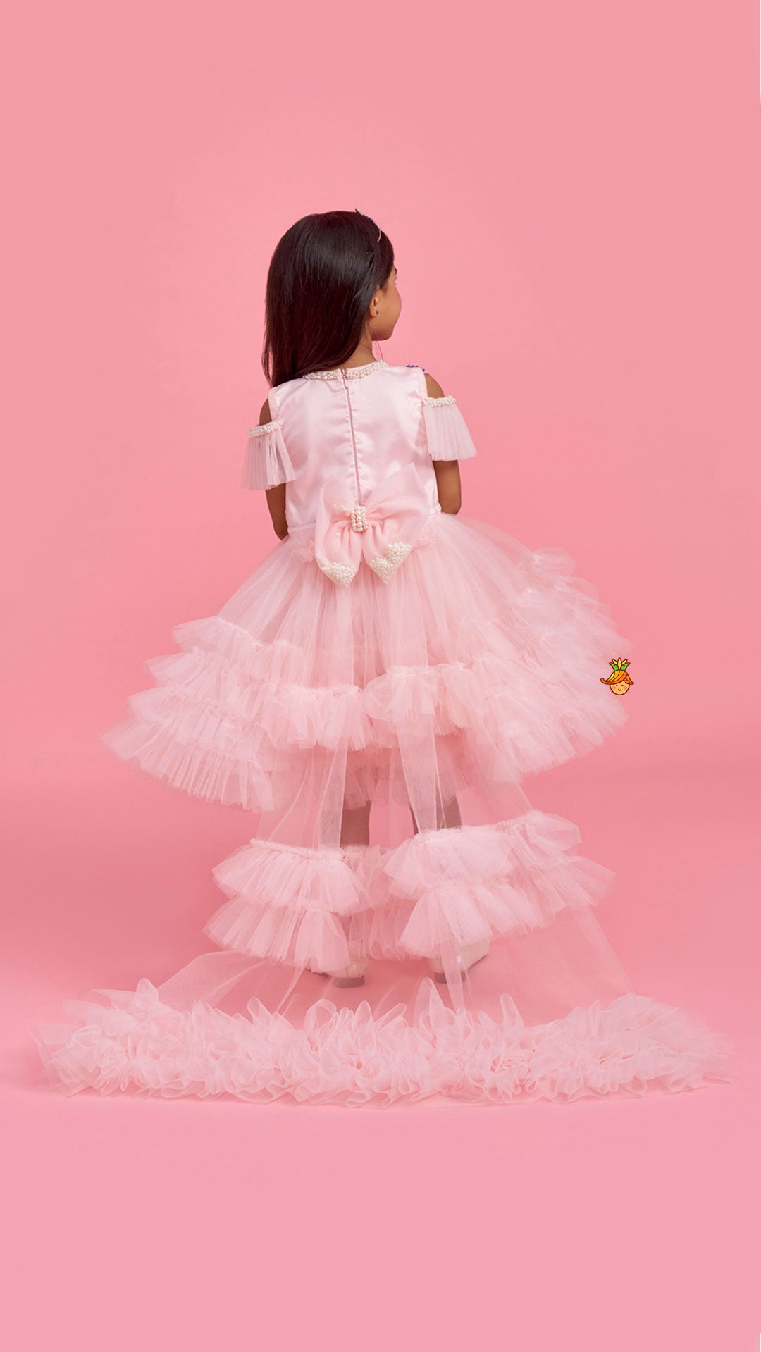 Peach Embellished Detachable Trail Dress And Bow With Sling Bag
