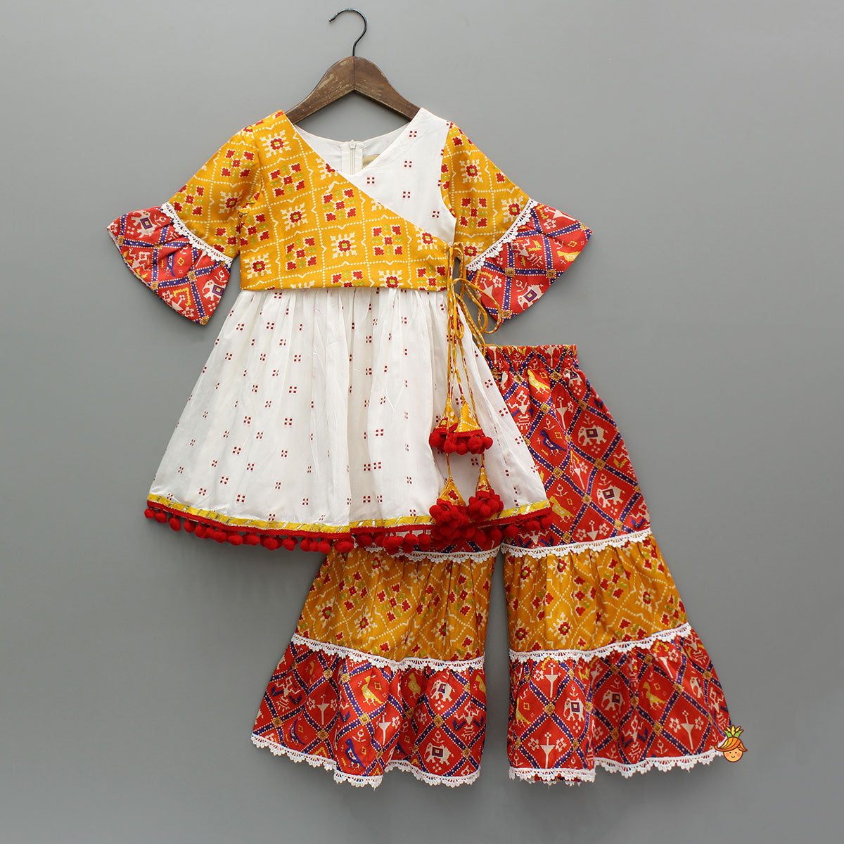 Pom-Pom Embellished Multicolour Printed Kurti With Tiered Sharara