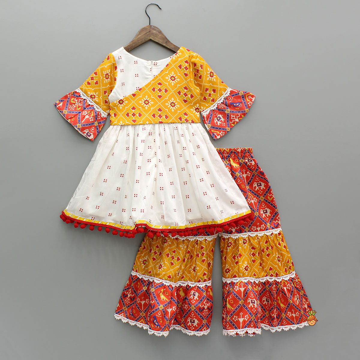 Pom-Pom Embellished Multicolour Printed Kurti With Tiered Sharara