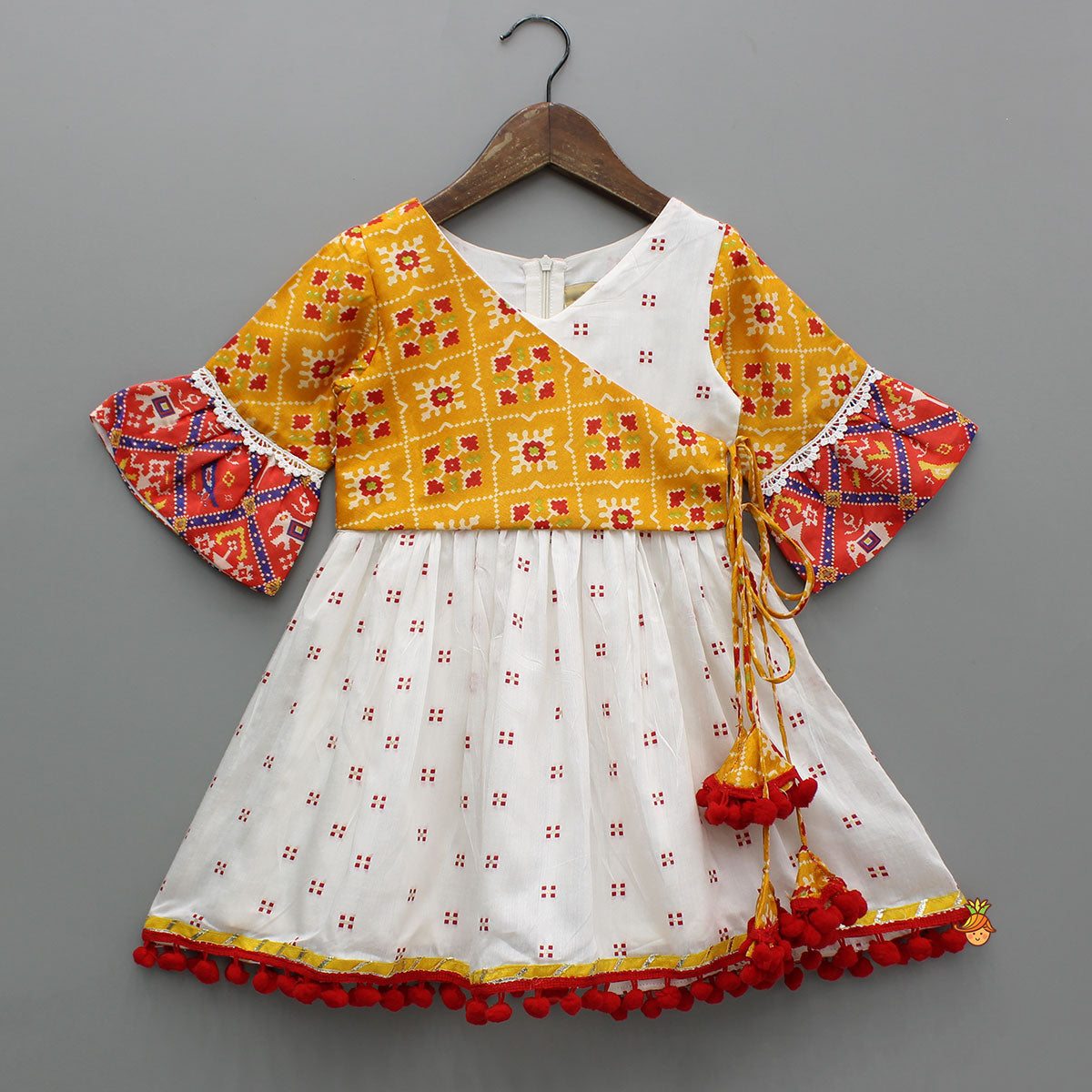 Pom-Pom Embellished Multicolour Printed Kurti With Tiered Sharara