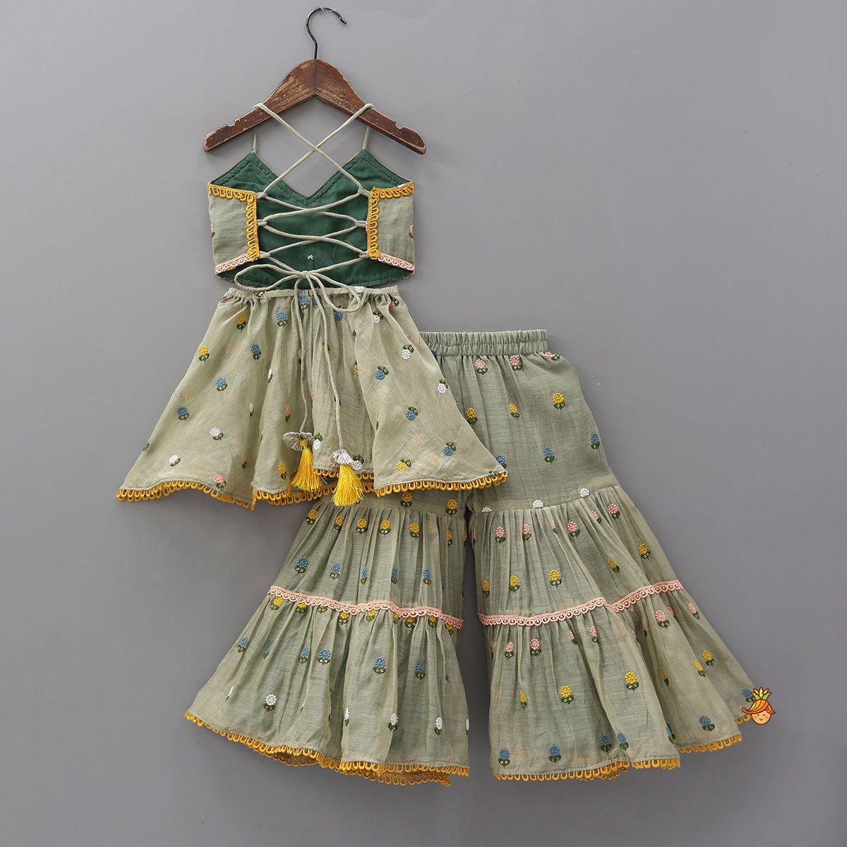 Floral Embroidered Stylish Backless Kurti With Sharara And Dupatta