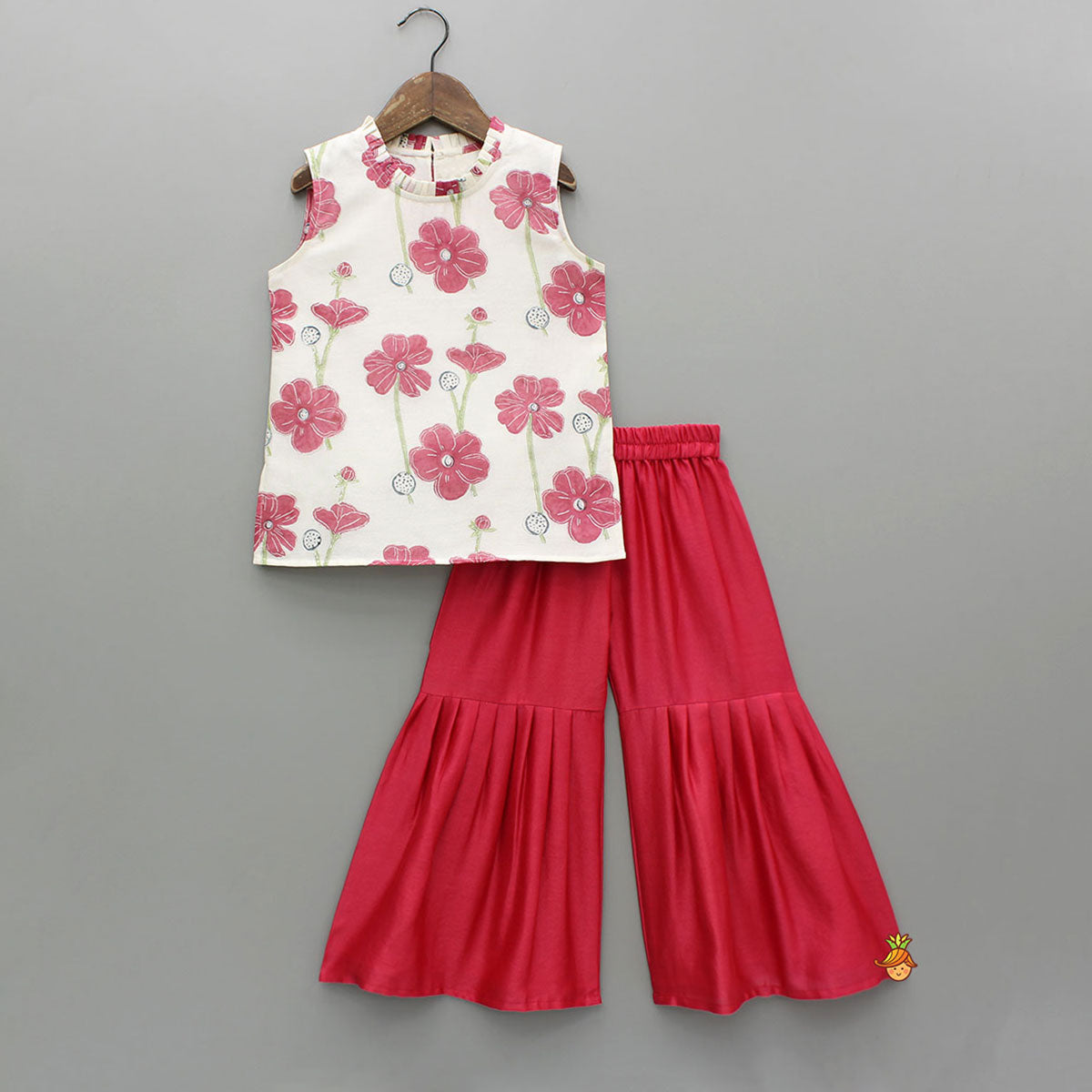 Cream Floral Hand Block Printed Top And Sharara