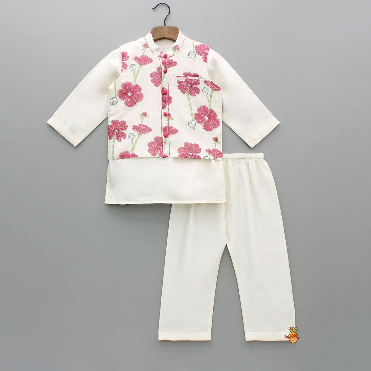 Cream Kurta And Floral Hand Block Printed Jacket With Pyjama