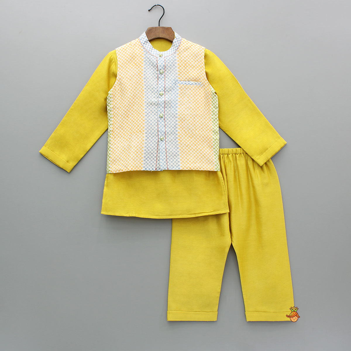 Mustard Kurta And Multicolour Printed Jacket With Pyjama
