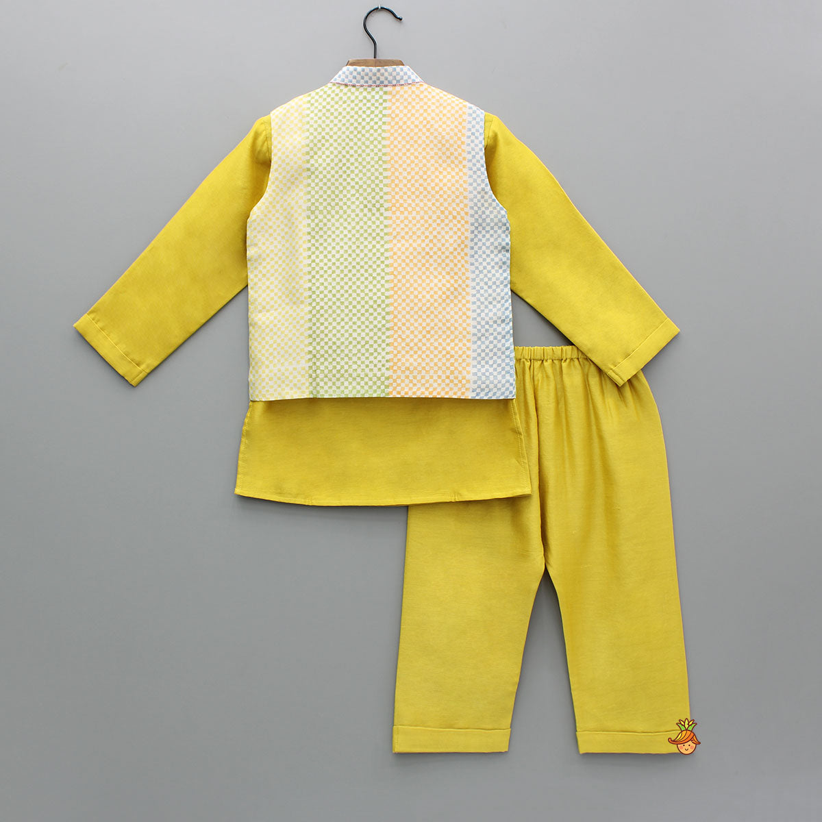Mustard Kurta And Multicolour Printed Jacket With Pyjama