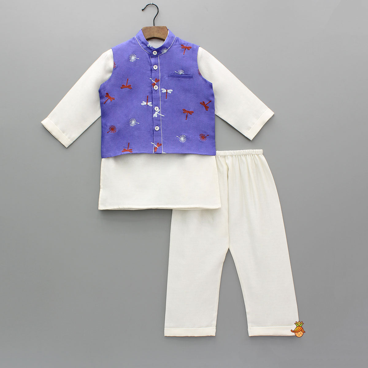 Cream Kurta With Purple Embroidered Jacket And Pyjama