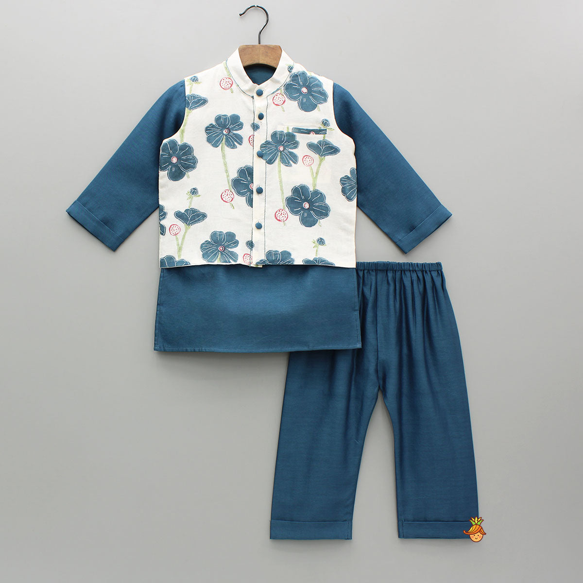 Blue Kurta And Floral Hand Block Printed Jacket And Pyjama
