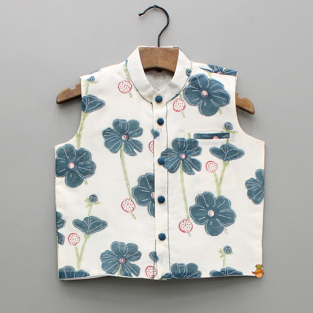 Blue Kurta And Floral Hand Block Printed Jacket And Pyjama