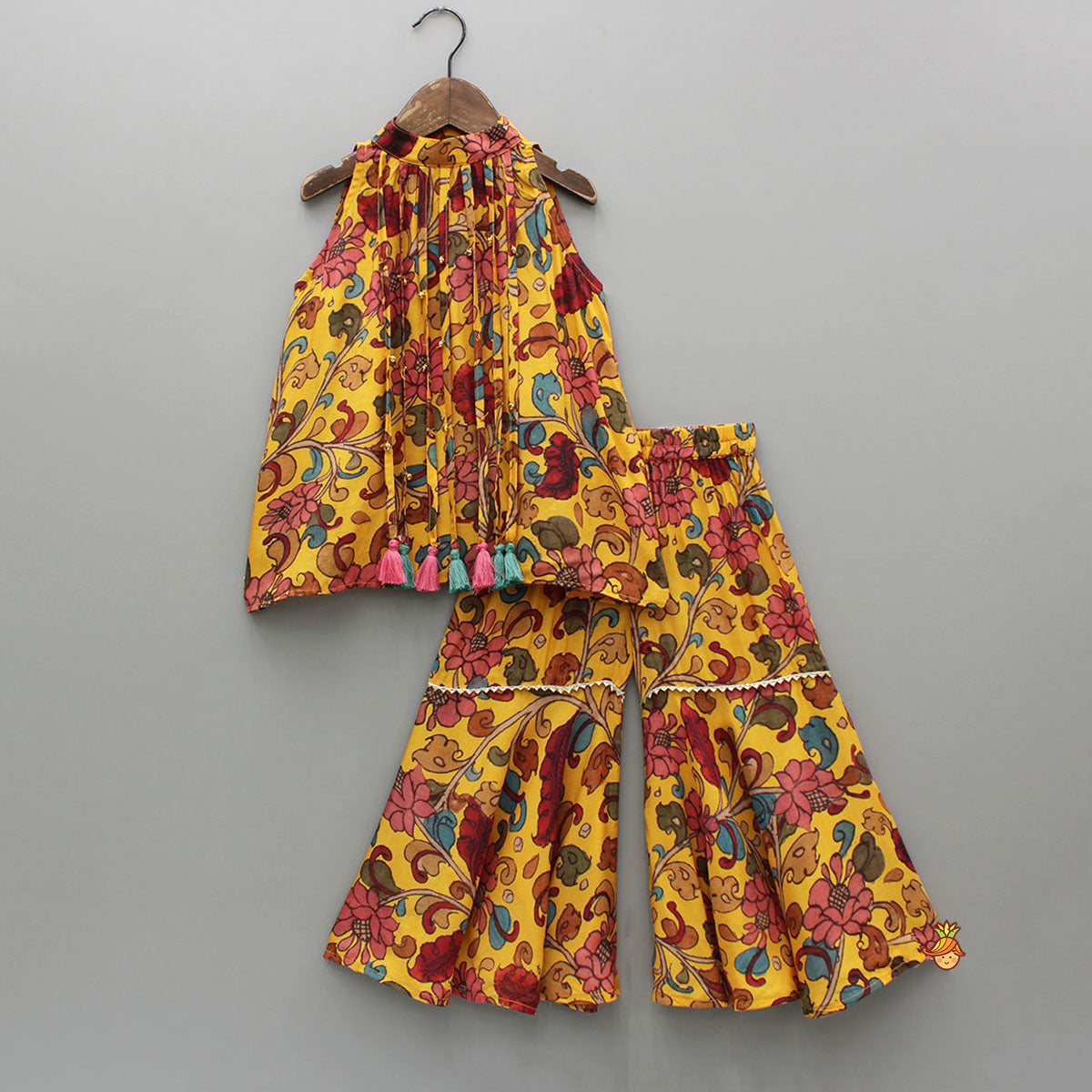 Dangling Strings Tassels Neckline Multicolour Printed Top And Sharara