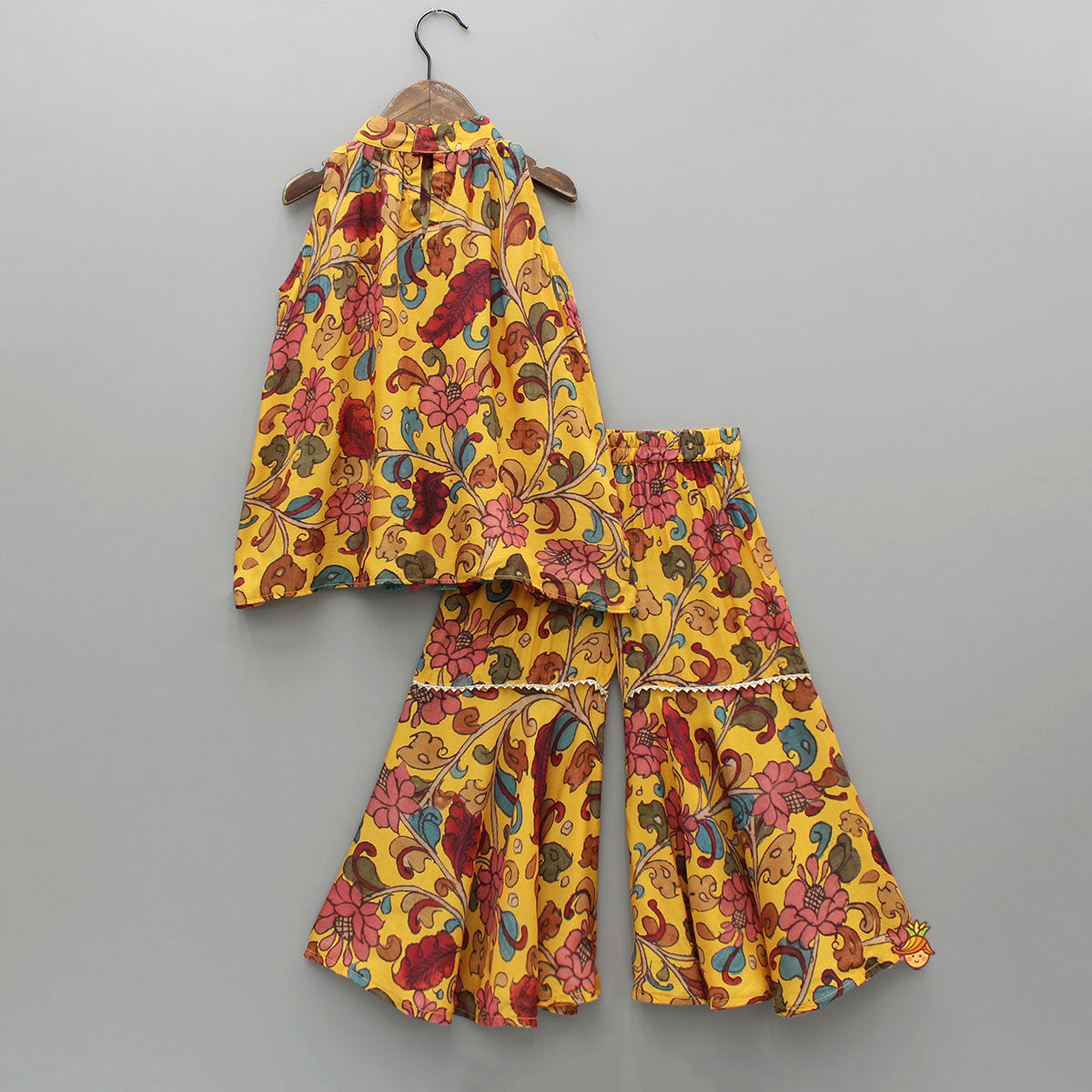 Dangling Strings Tassels Neckline Multicolour Printed Top And Sharara