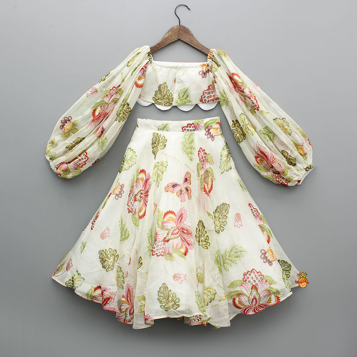 Beige Printed Embroidered Top And Umbrella Style Flared Lehenga With Matching Hairclip