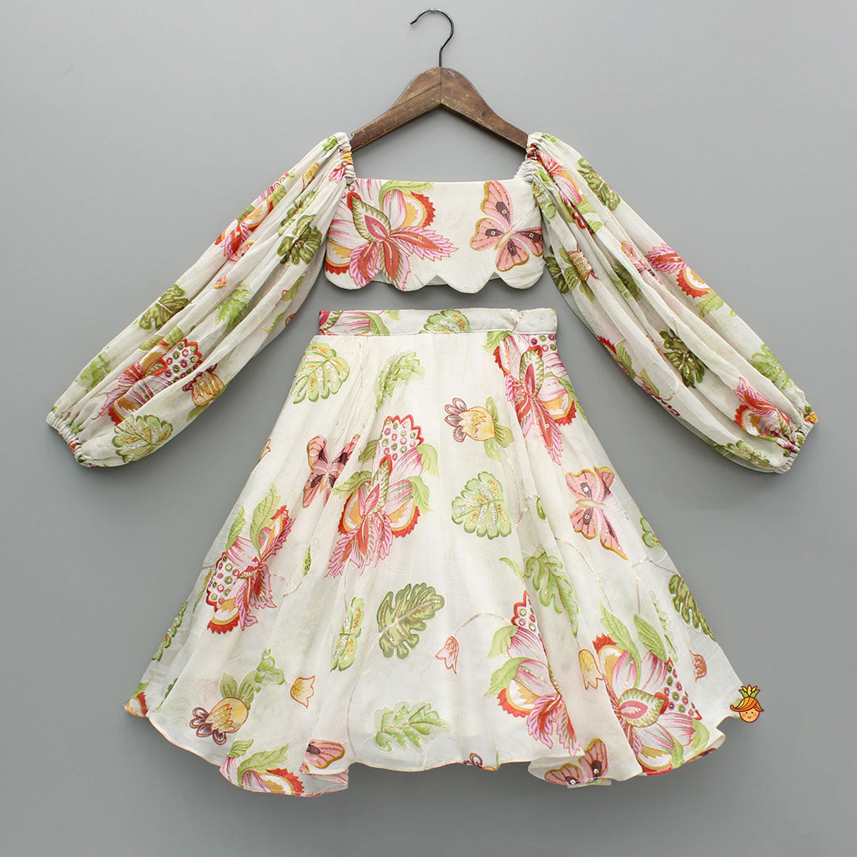 Beige Printed Embroidered Top And Umbrella Style Flared Lehenga With Matching Hairclip