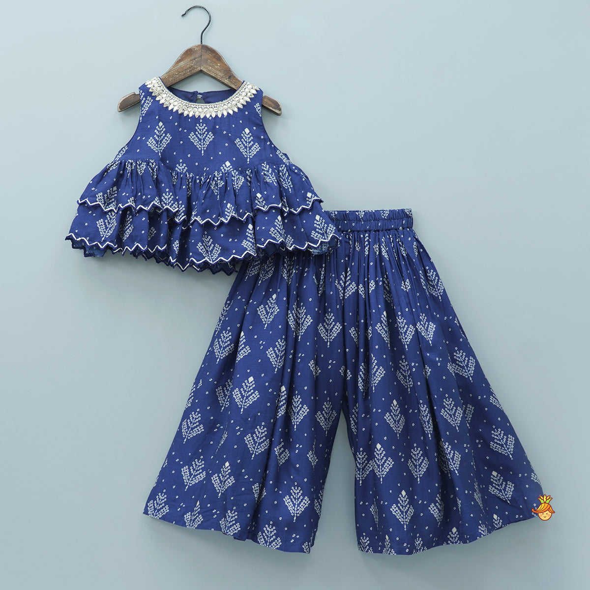 Blue Printed Embroidered Layered Top And Flared Palazzo