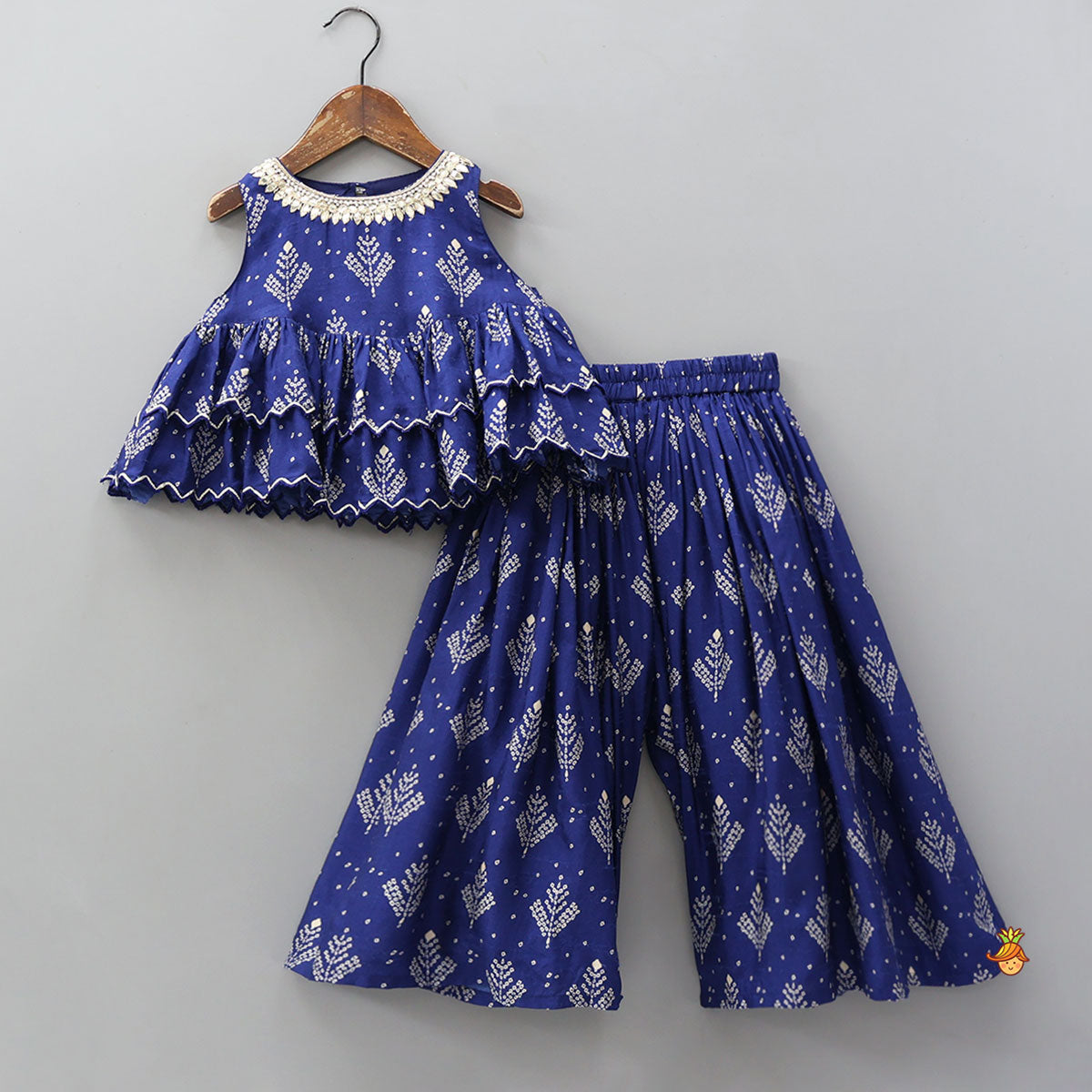 Blue Printed Embroidered Layered Top And Flared Palazzo