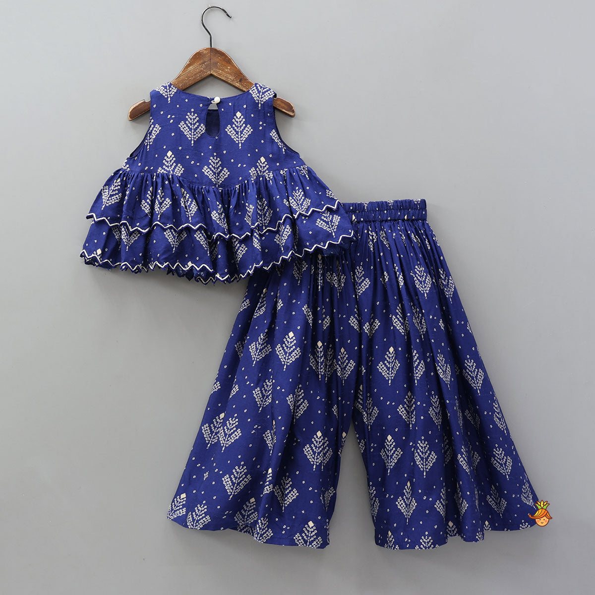 Blue Printed Embroidered Layered Top And Flared Palazzo