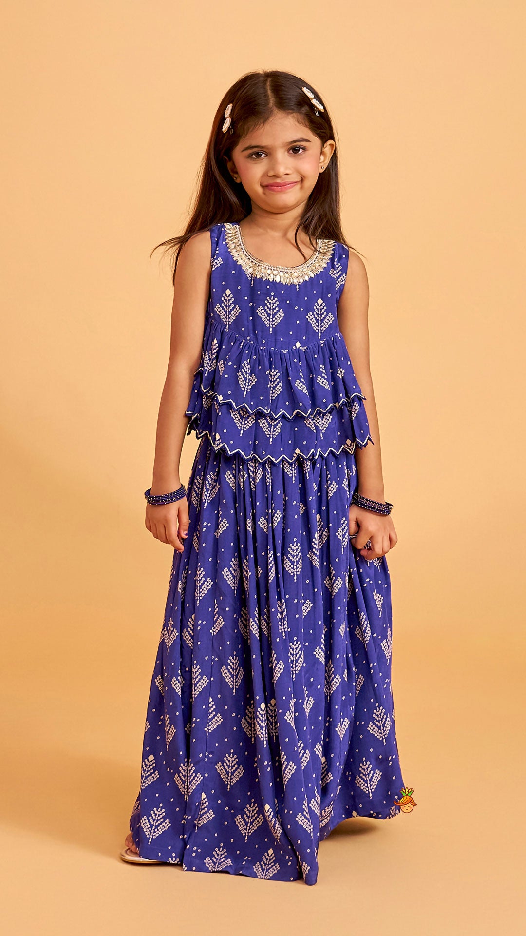 Blue Printed Embroidered Layered Top And Flared Palazzo
