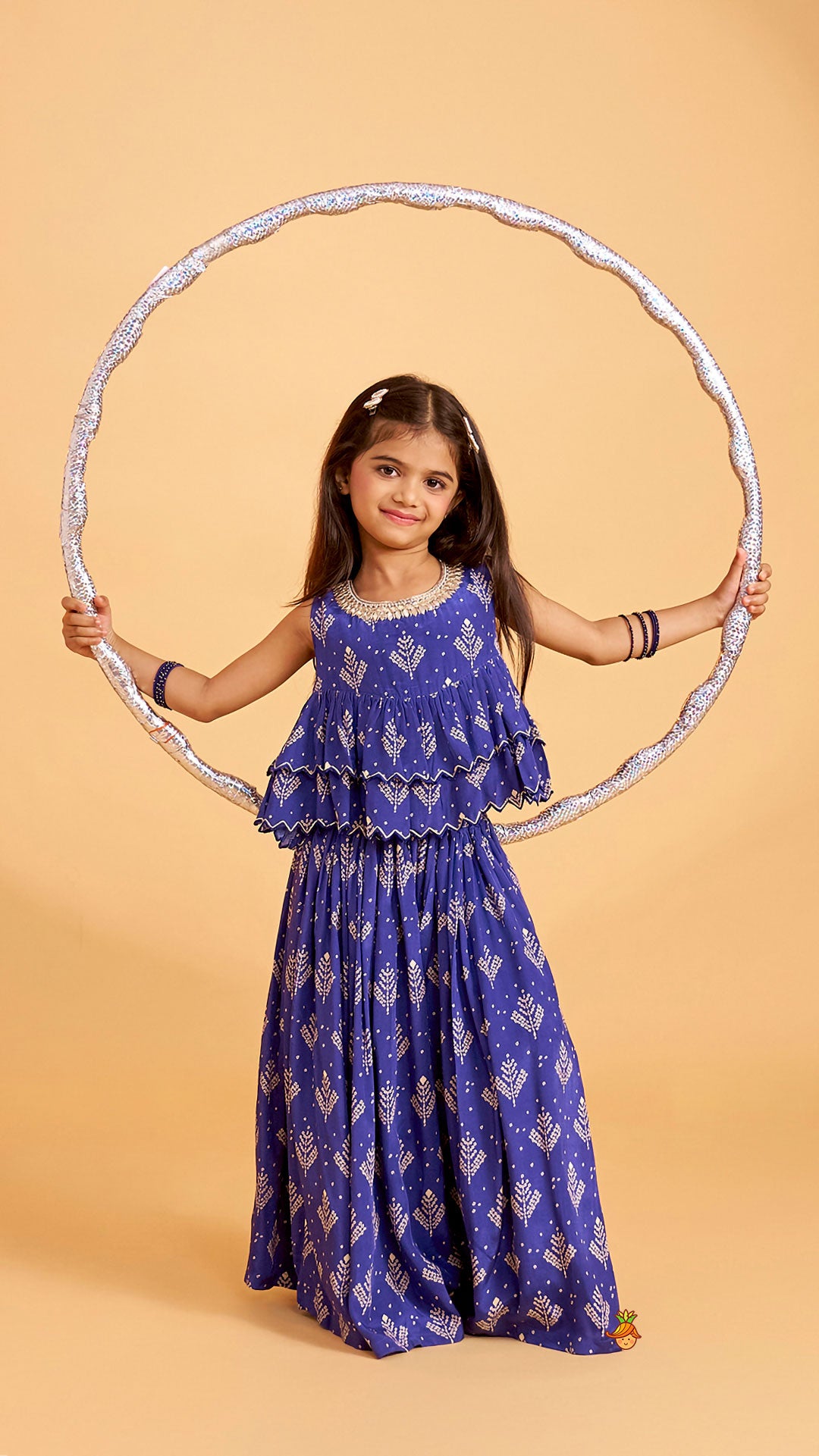 Blue Printed Embroidered Layered Top And Flared Palazzo