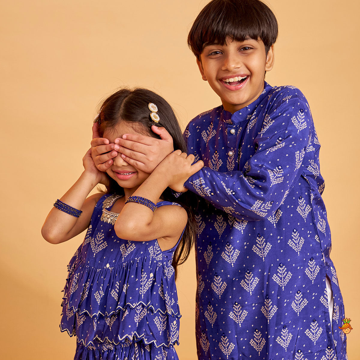 Blue Printed Embroidered Layered Top And Flared Palazzo twinning model image 3