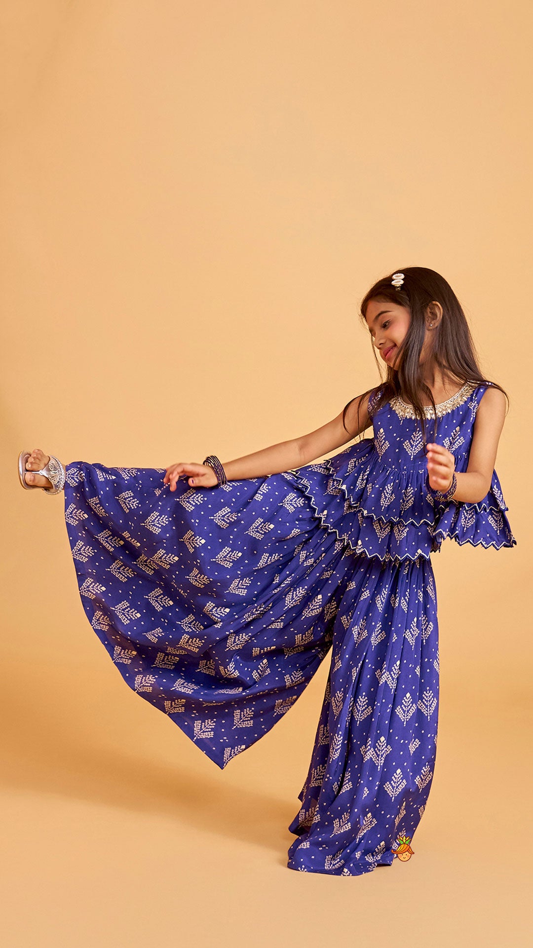 Blue Printed Embroidered Layered Top And Flared Palazzo
