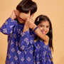 Blue Printed Embroidered Layered Top And Flared Palazzo twinning model image 4