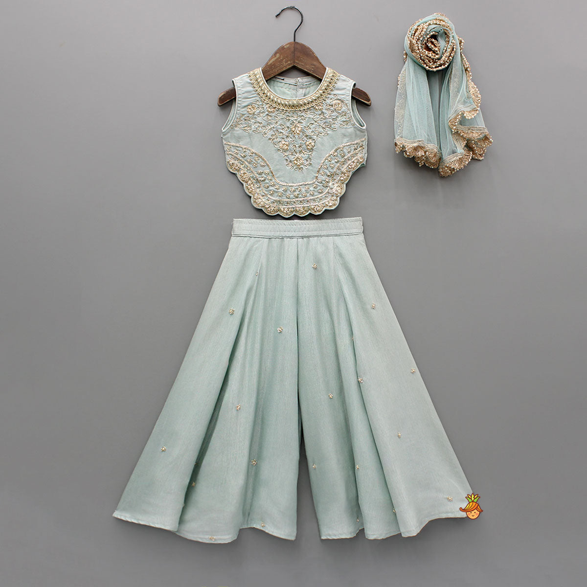Embroidered Scalloped Detail Top And Flared Palazzo With Dupatta
