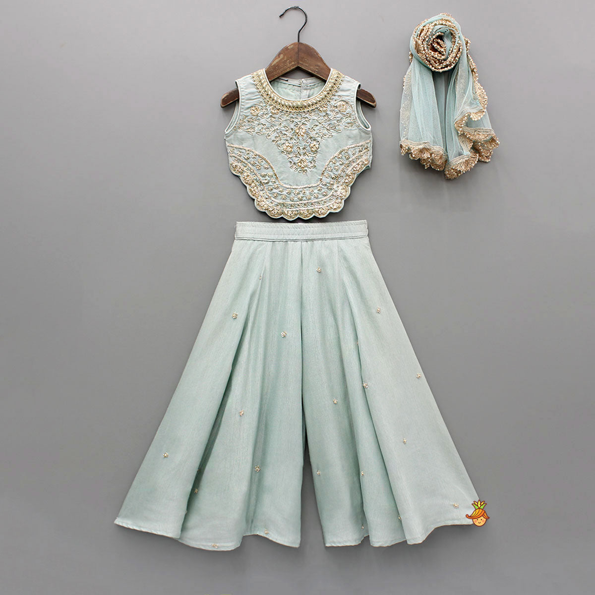 Embroidered Scalloped Detail Top And Flared Palazzo With Dupatta