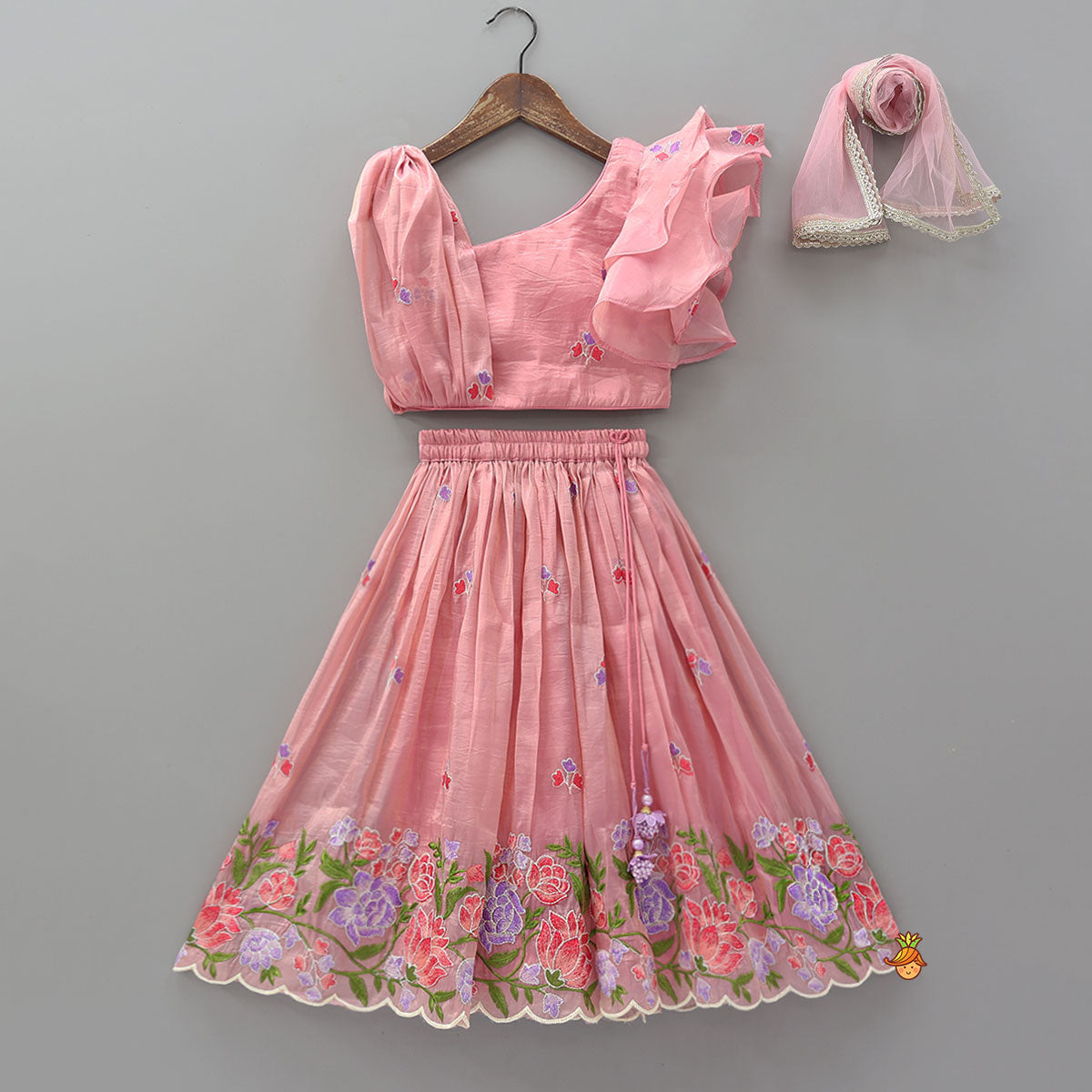 Pink One-Shoulder Pleated Drape Top With Floral Embroidered Lehenga And Net Dupatta