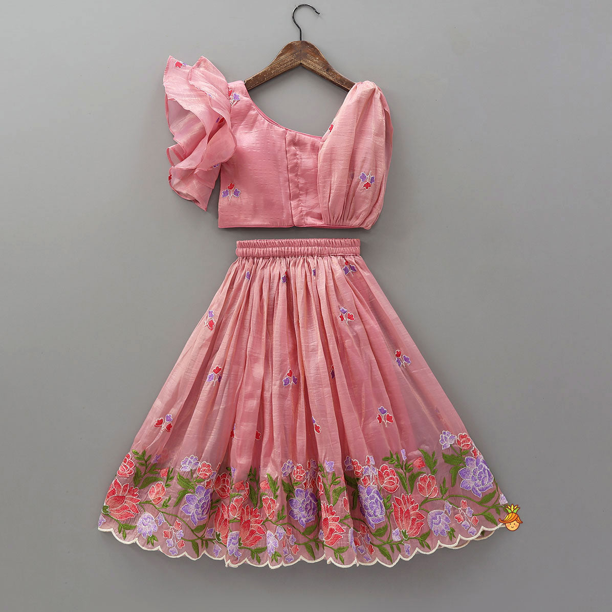 Pink One-Shoulder Pleated Drape Top With Floral Embroidered Lehenga And Net Dupatta
