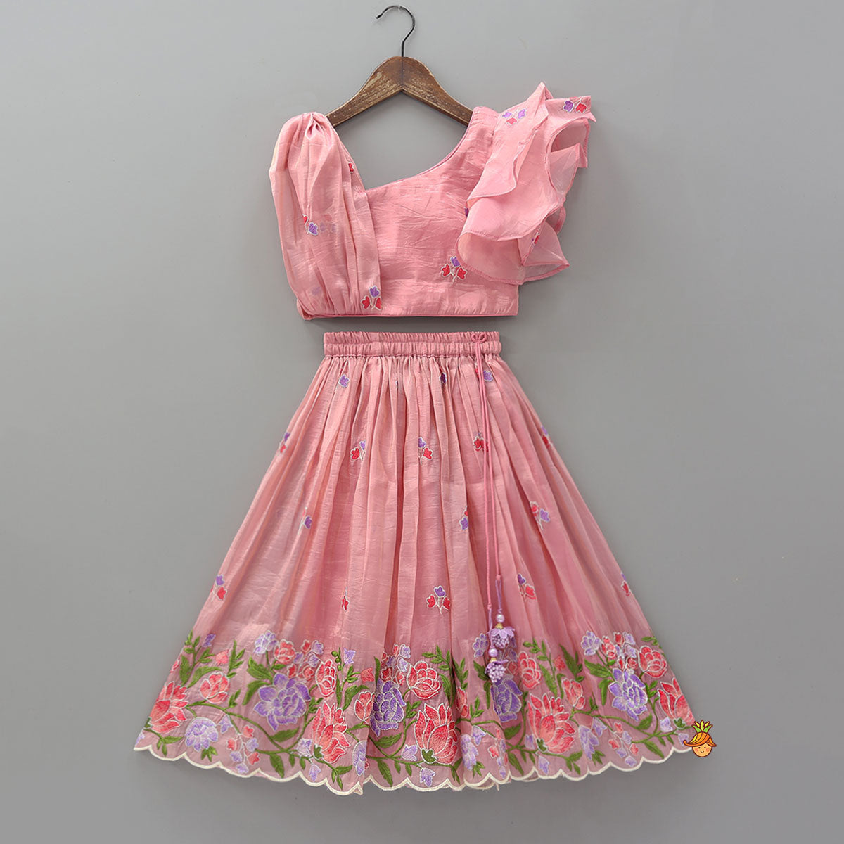 Pink One-Shoulder Pleated Drape Top With Floral Embroidered Lehenga And Net Dupatta
