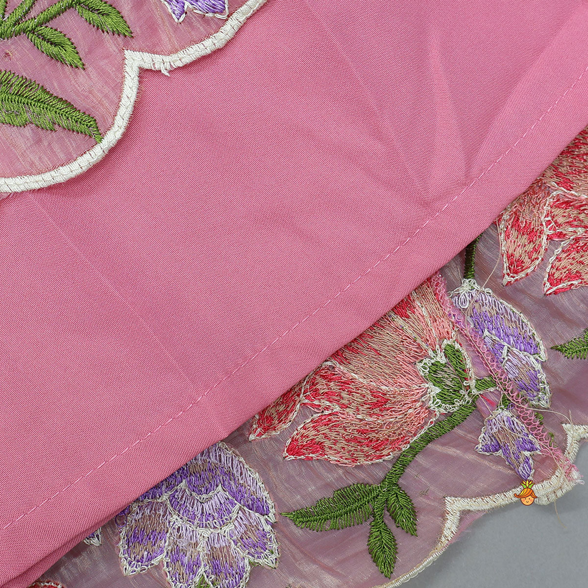Pink One-Shoulder Pleated Drape Top With Floral Embroidered Lehenga And Net Dupatta