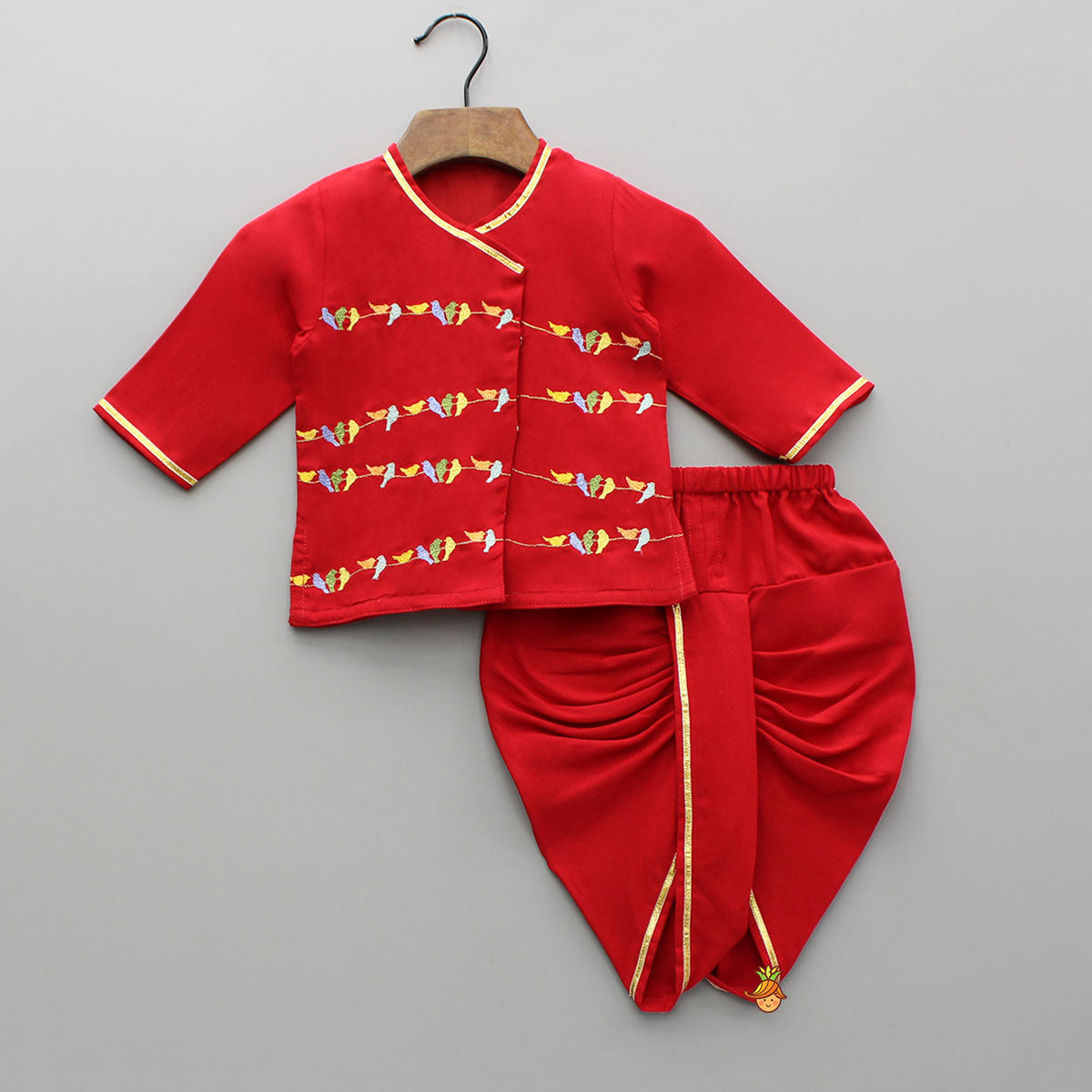 Multicolour Bird Embroidered Kurta And Dhoti With Matching Cap And Booties