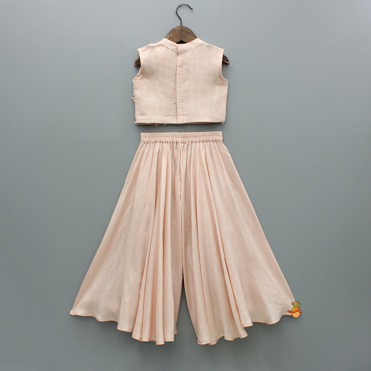 Peach Sequin Embroidered Lace Detailed Top And Umbrella Style Flared Palazzo