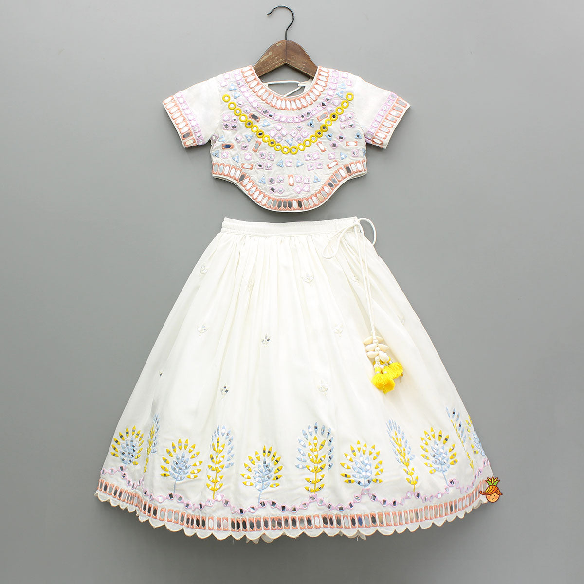 Faux Mirror Embellished Off White Top And Flared Lehenga