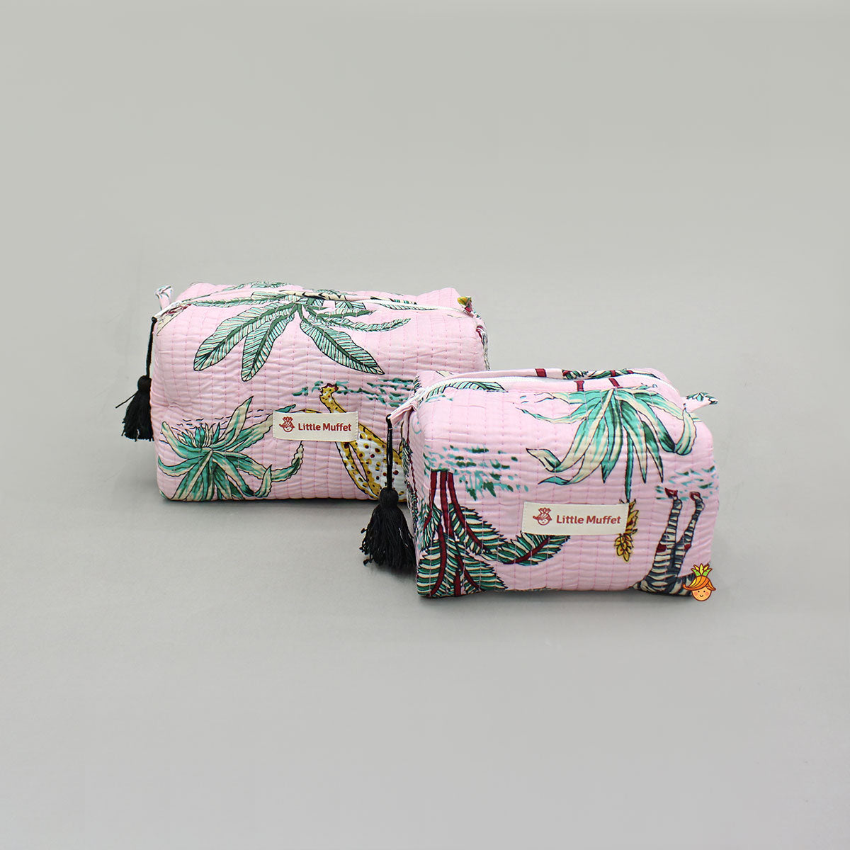 Jungle-Themed Printed Pink Pouch Bags - Set Of 2