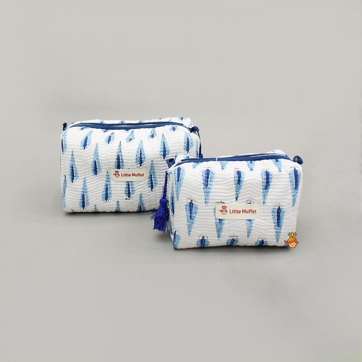 Fringe-Detailed Blue Pouch Bags - Set Of 2