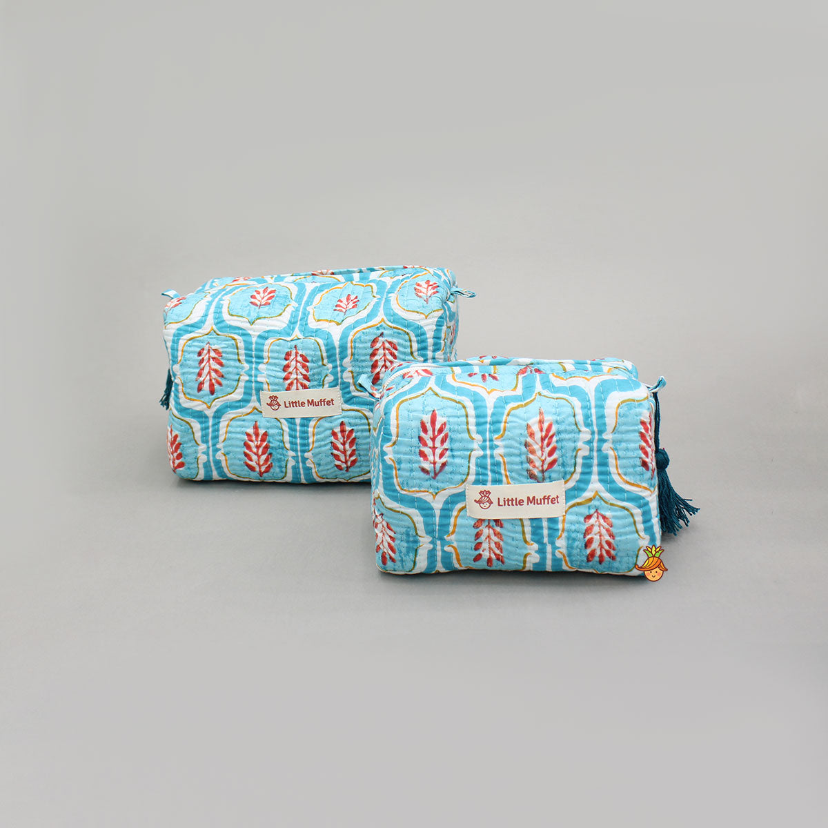 Elegant Blue Block-Printed Pouch Bags - Set Of 2
