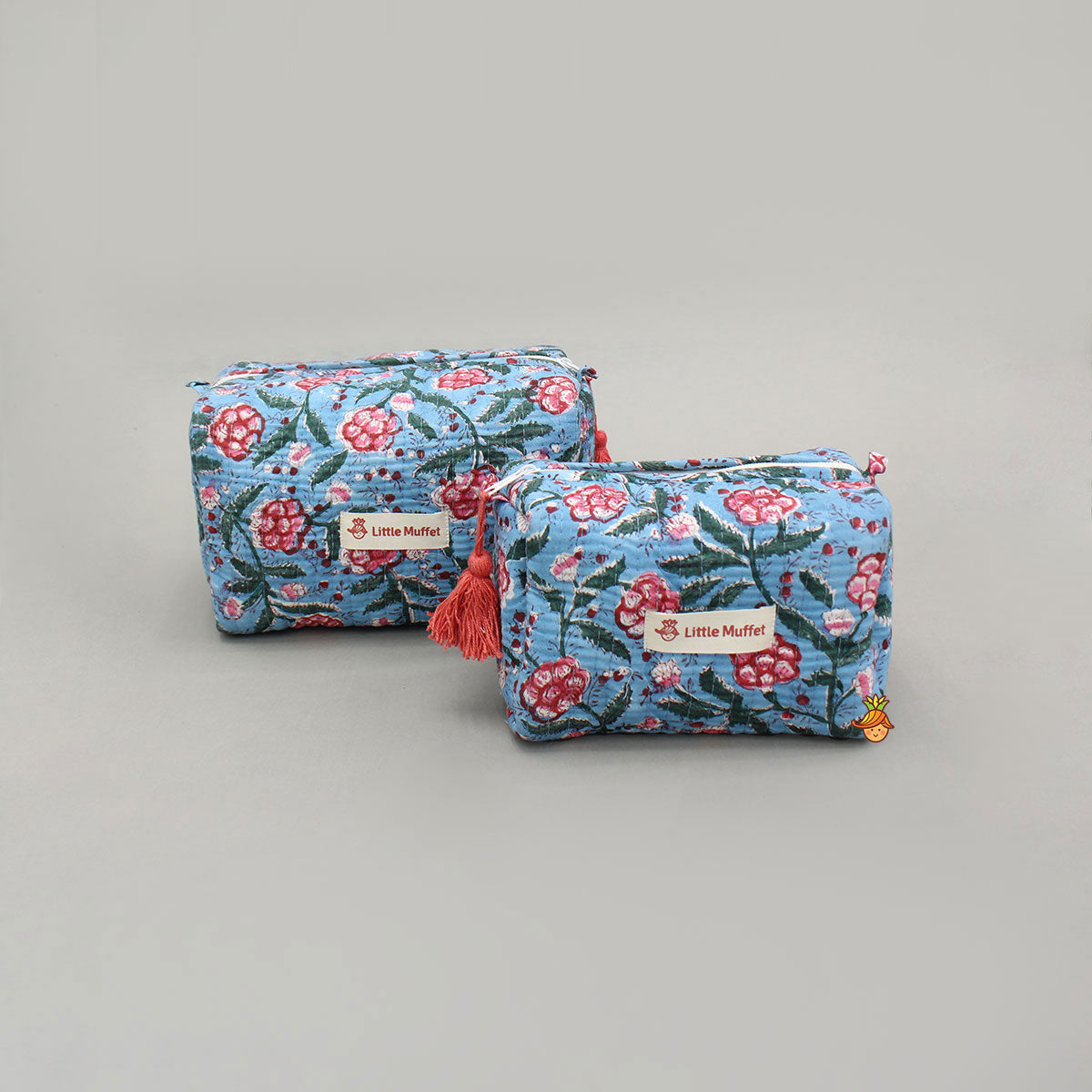 Blooming Flowers Block-Printed Blue Pouch Bags - Set Of 2