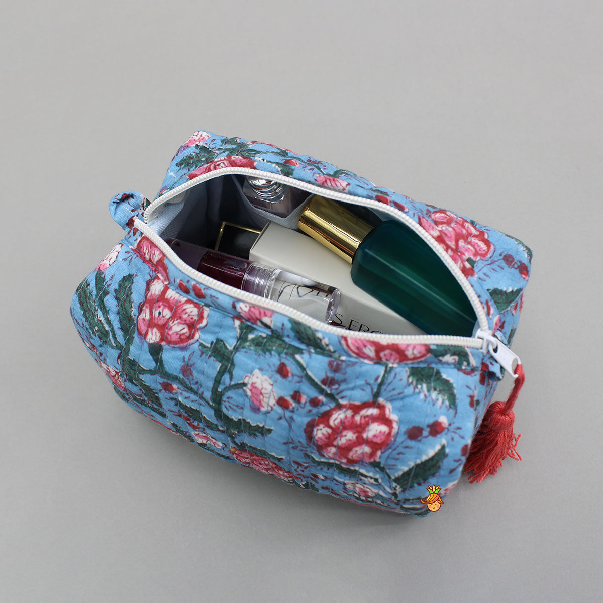 Blooming Flowers Block-Printed Blue Pouch Bags - Set Of 2