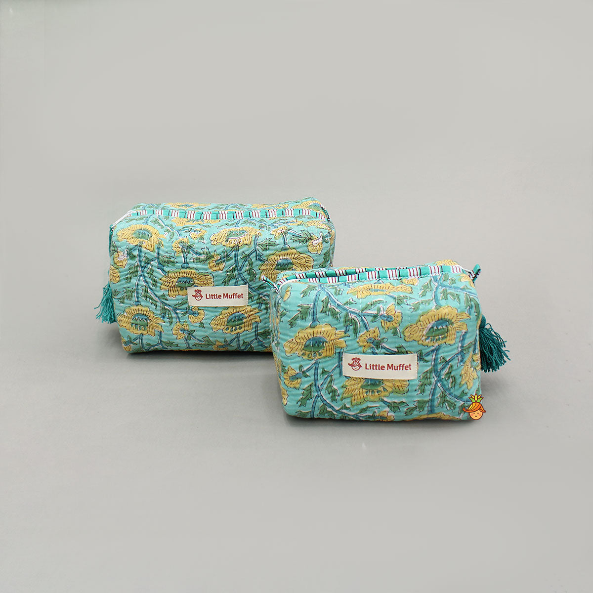 Blooming Flowers Block-Printed Pouch Bags - Set Of 2