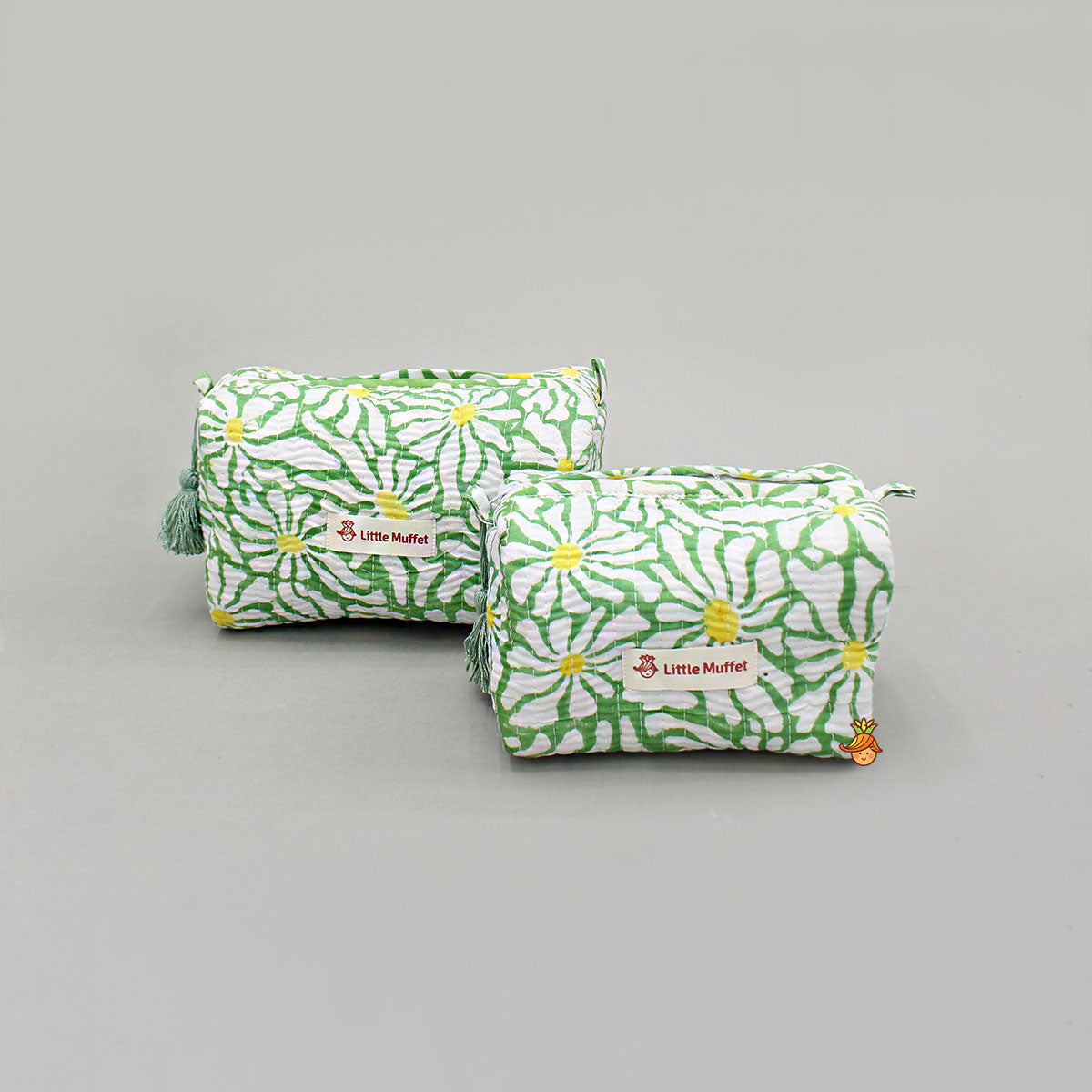 Block Printed Green Pouch Bags - Set Of 2